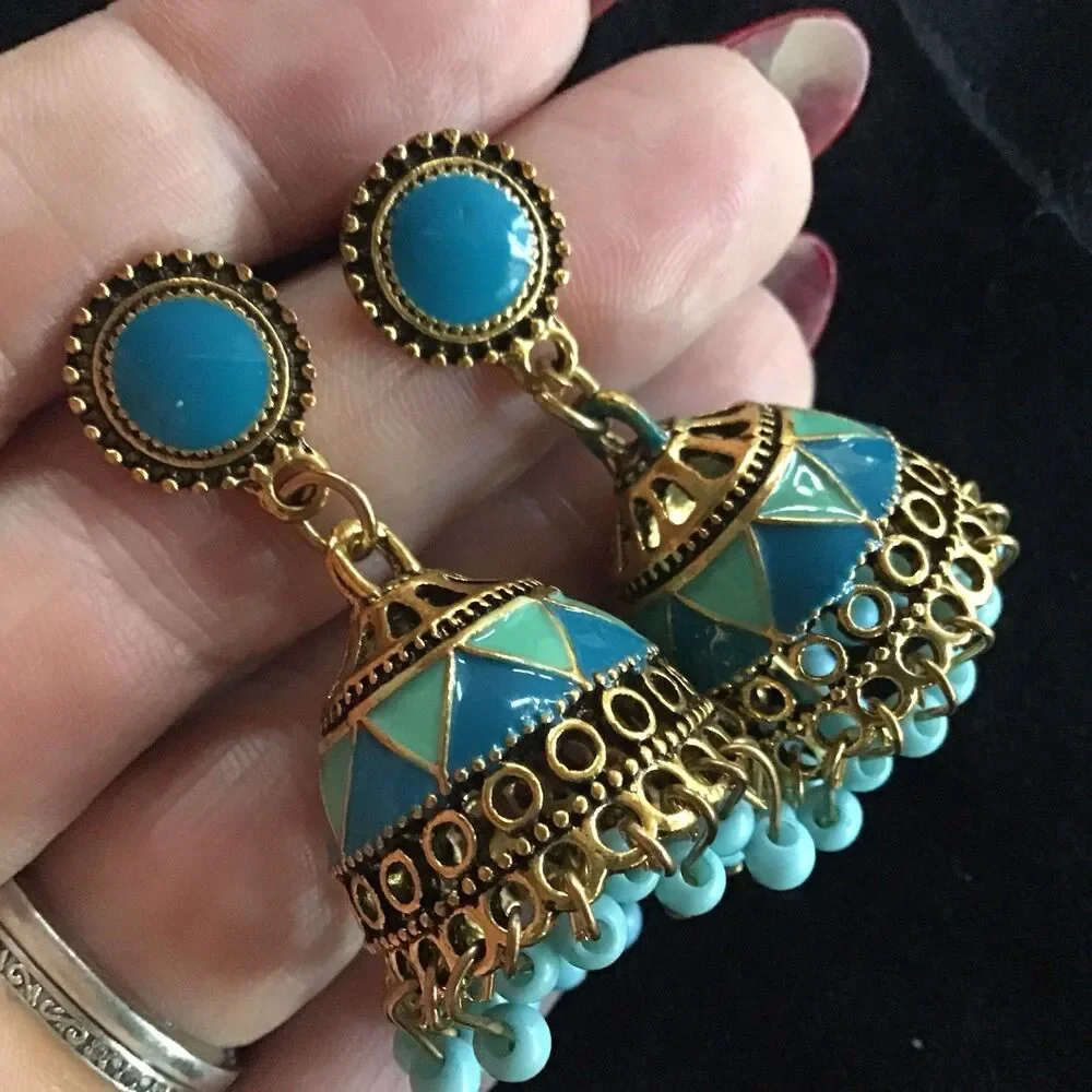 Blue Enamel Dangle Earrings Pierced Posts 1.5” Beaded Bell Shape Boho